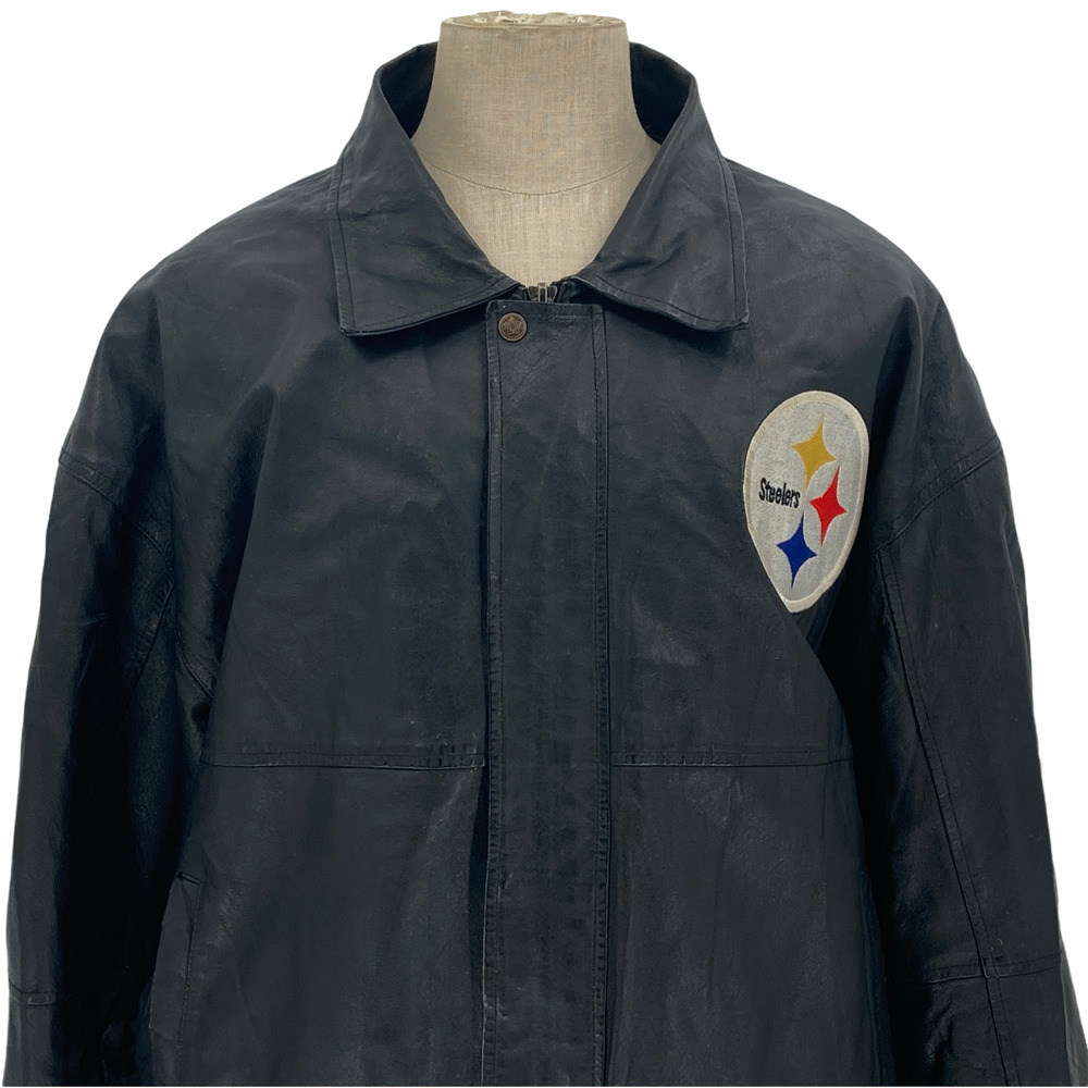 VTG NFL Game Day Pittsburgh Steelers Black Embroidered Leather Jacket Sz XL